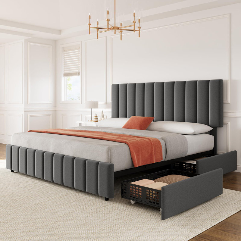 Lit plateforme rembourré avec 4 tiroirs de rangement, tête de lit capitonnée réglable en hauteur, sommier à lattes en bois, sans sommier tapissier, lit en tissu gris pour chambre à coucher ou appartement