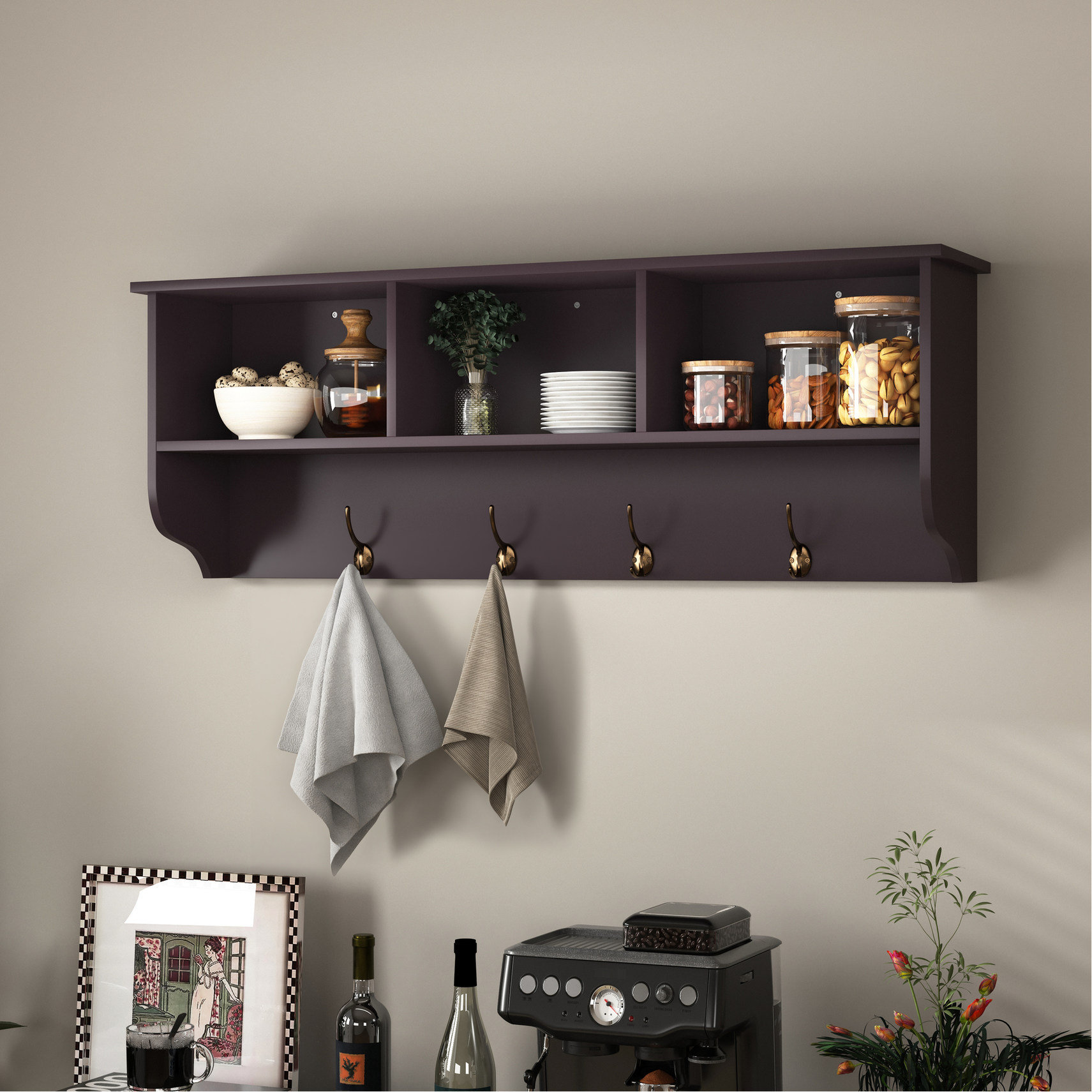 Mercer41 4 Hooks Coat Rack With Solid Wooden Storage Shelf And Panel ...