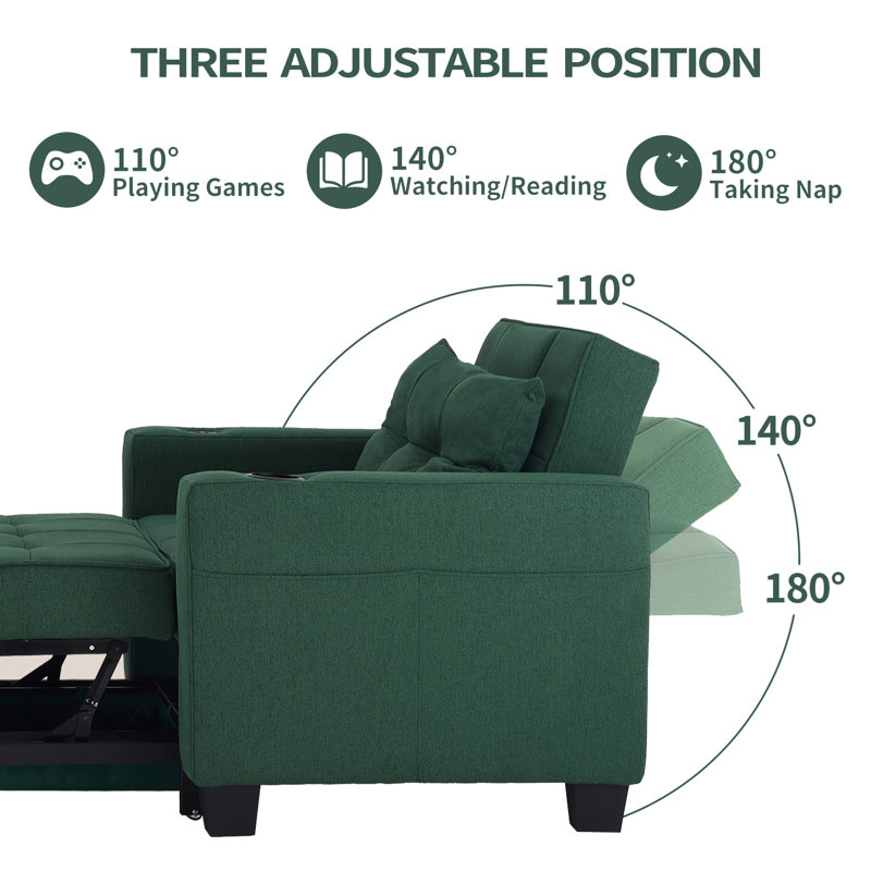 Fauteuil convertible de 36,6 po de largeur avec porte-gobelets et poches latérales, Lin vert