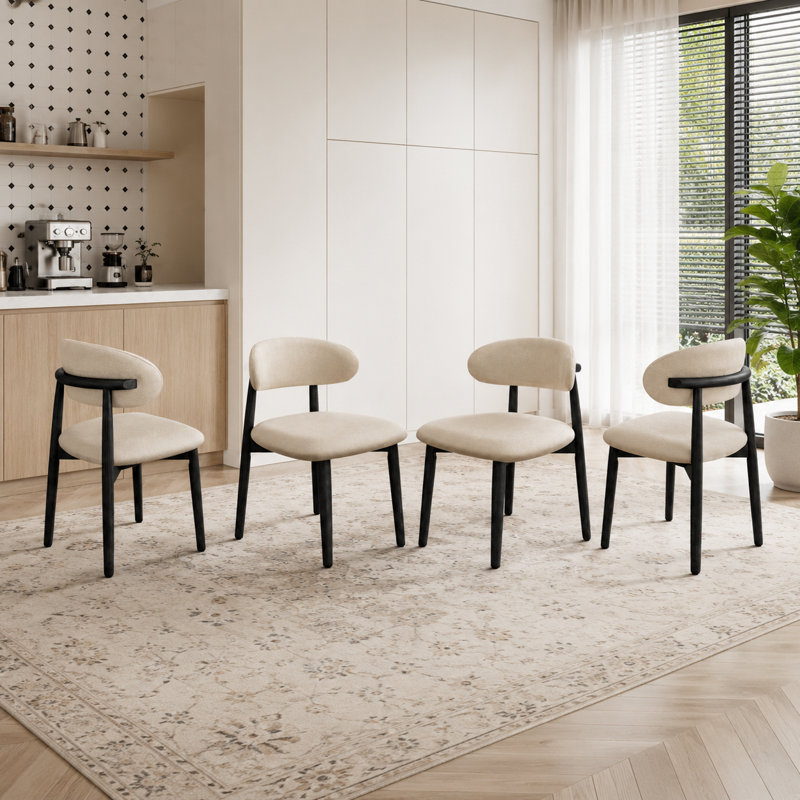 Mid Century Modern Dining Chairs With Brown Solid Wood Legs, Beige Kitchen Chairs, Black, 4