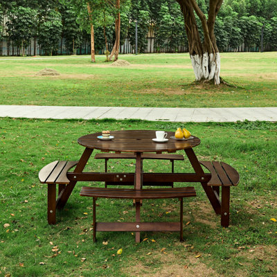 Table de pique-nique brune 8 avec 4 bancs intégrés. Trou de parasol, table pour 8 personnes, patio, cour, bancs encastrés, cour arrière.