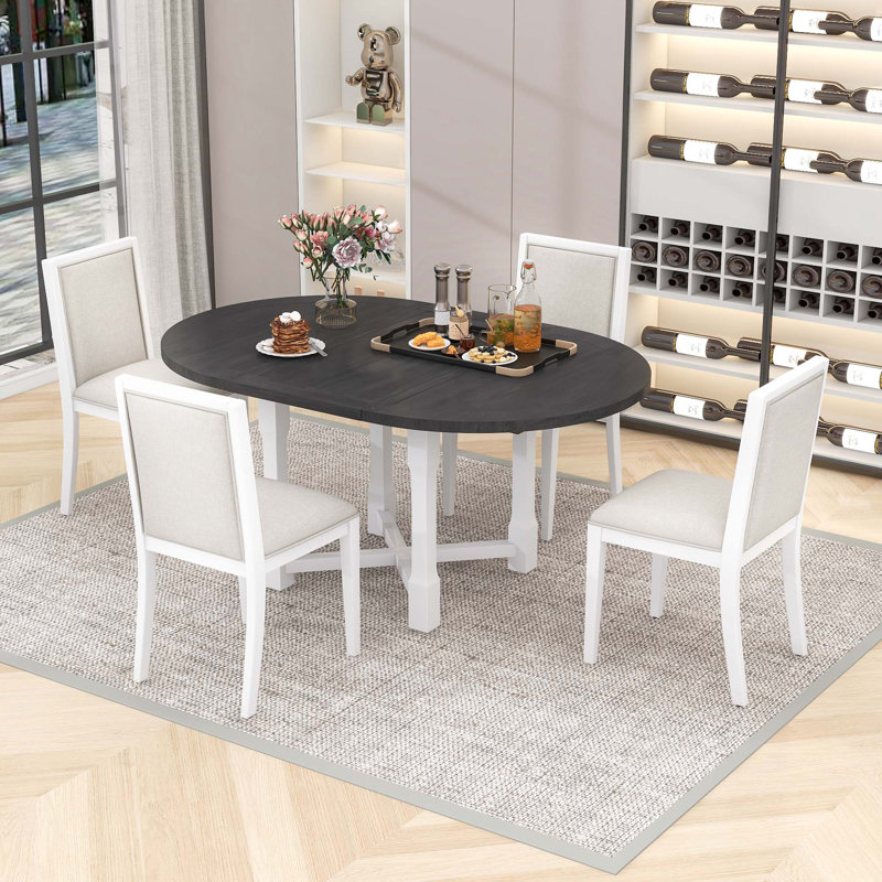 Ensemble de table de salle à manger extensible 5 pièces avec chaises rembourrées, Gris blanc