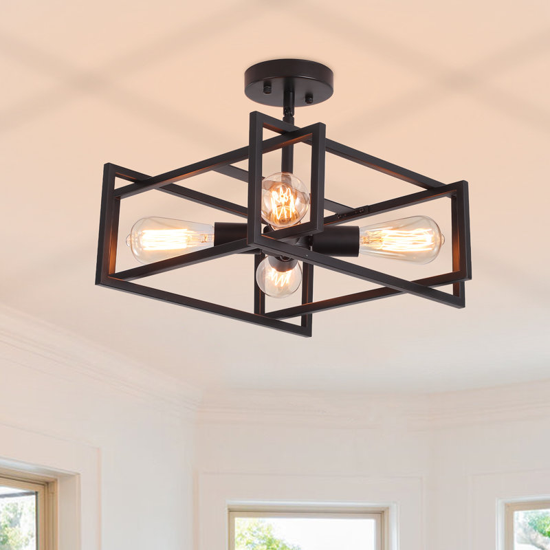 Nill 4 - Light 15" Modern Matte Black Square Dimmable Semi Flush Mount Ceiling Light Fixture, Matte Black