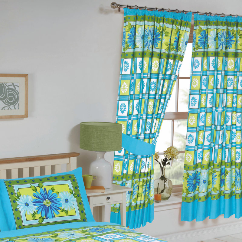 Rizo Daisy Check Pencil Pleat Semi Sheer Curtains, Azure