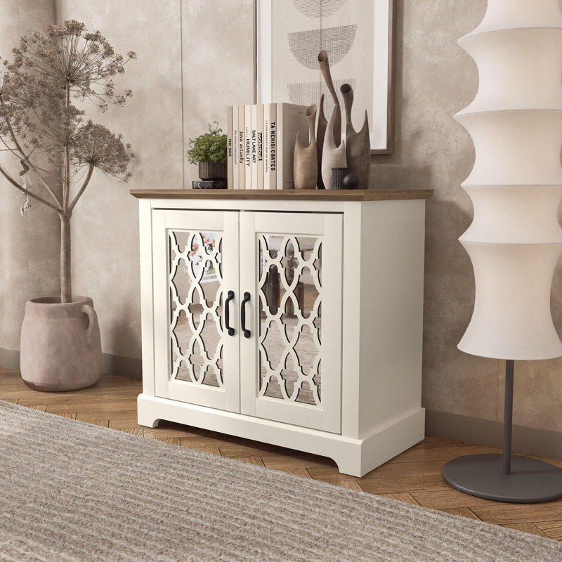 Chessani 29.3'' Tall 2 - Door Mirrored Accent Cabinet, Ivory/Knotty Oak