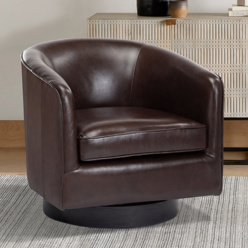 Transitional Black Top Grain Leather Swivel Barrel Chair with Wooden Base