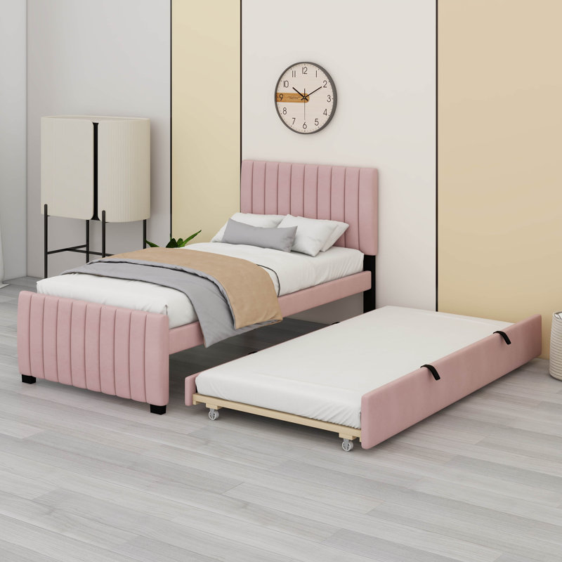 Cadre de lit simple avec lit gigogne, cadre de lit tapissier en velours, lit gigogne simple avec tête de lit, Rose