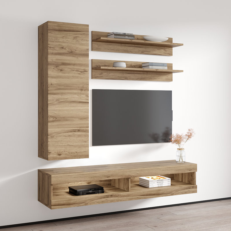 Lollis 63" Modern Floating Wall Mounted Entertainment Center with 16-Color LED Lighting, High Gloss Finish, Oak