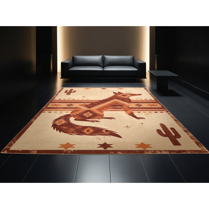 Tapis lavable à la machine à motif rétro style bohème Joyce Coyote Trickster, 8 x 12