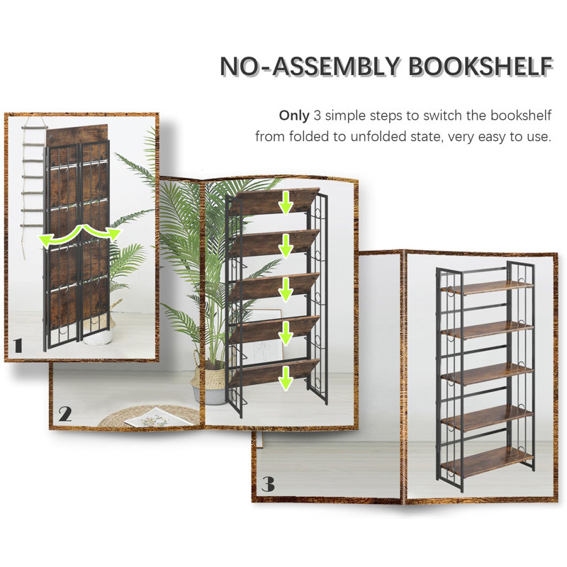 Bibliothèque pliante 5 étages sans assemblage, Brun noirâtre rustique
