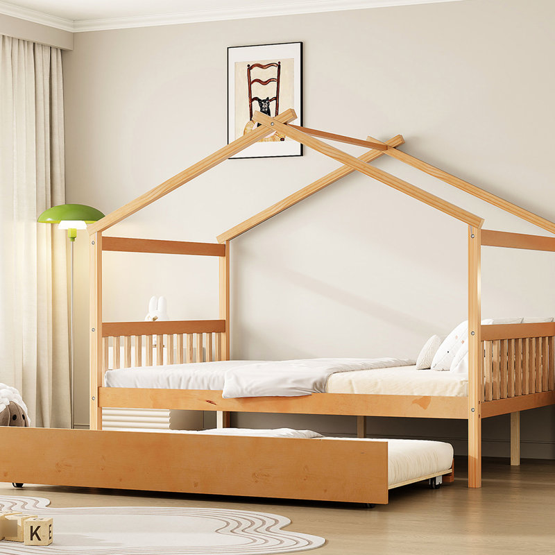 Lit simple gigogne double, lit en bois naturel, structure, lit confortable en bois avec lit gigogne, toit en bois de pin massif fantaisiste, zones de sommeil idéales