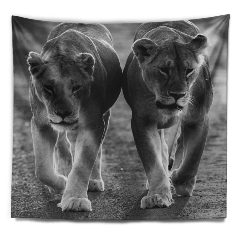 Lions animaux en tapisserie noire et blanche, H 32 po x l 39 po