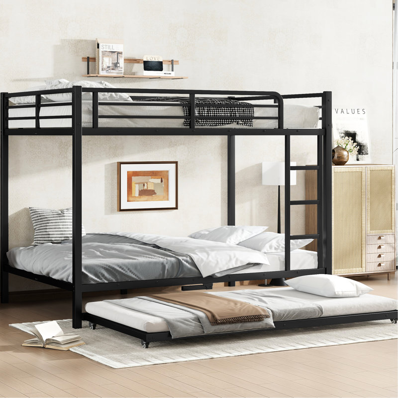 Lit superposé double au-dessus d'un lit gigogne double en métal noir avec conception anti-bruit, structure stable de taille sous rangement, revêtement, garde-corps