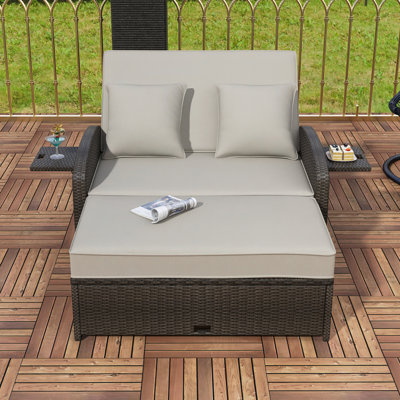 Chaise longue double en rotin PE pour 2 personnes avec dossier réglable et coussins