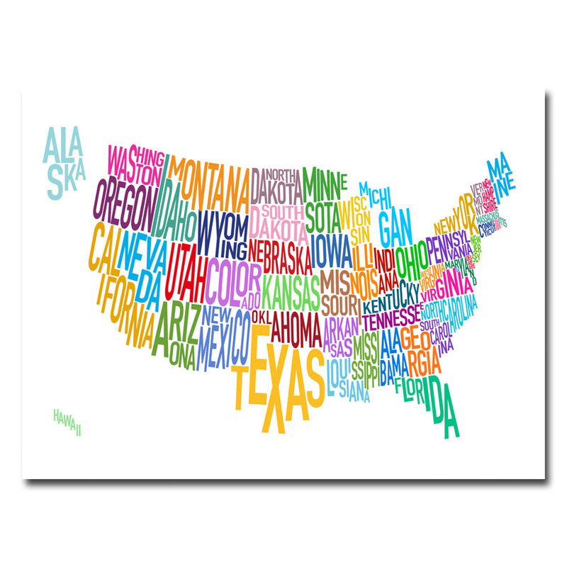 « united states text map » par michael tompsett, impression sur toile tendue, H 24 po x l 18 po x P 2 po