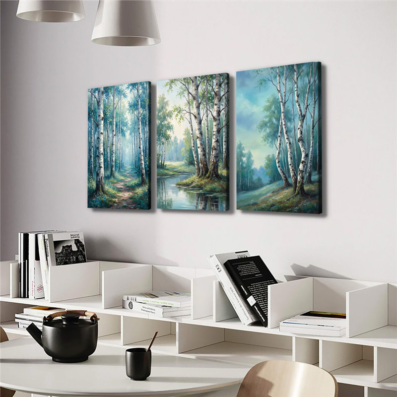 Spring Birch Forest Stream Landscape - ensemble de 3 impressions sur toiles tendues avec châssis de qualité supérieure