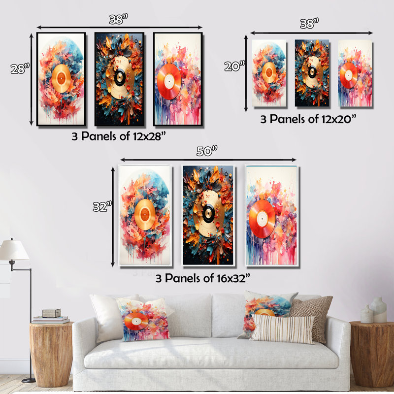 «Colorful Vinyle Grooves», 3 pièces sur toile, H 32 po x l 48 po, Encadré naturel