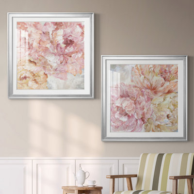 Contemporary Peonies I - Peonies Wall Art, Matted and Framed Under Acrylic Glass, Set of 2, Large Living Room Wall Art