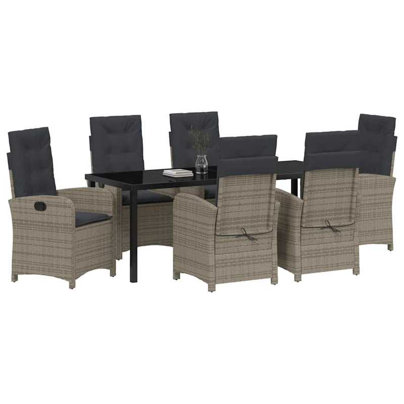  Ensemble de salle à manger de jardin avec coussin 7 pièces en rotin de polyester gris, Coussin noir / structure grise, 6