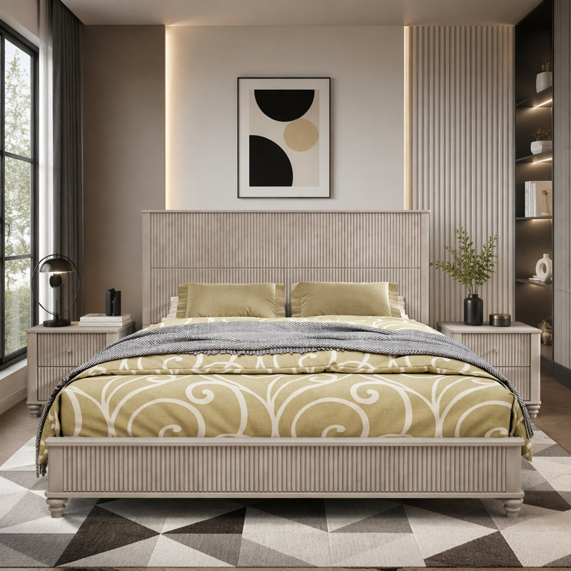 Structure de lit plateforme en bois massif Kernie King avec tête de lit haute - Finition beige élégante, Très grand, Beige