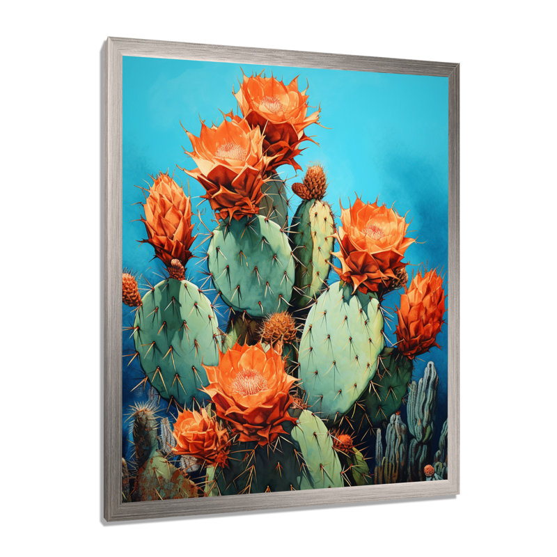 Cactus bleu et bronze II - cactus, H 20 po x l 12 po x P 1 po, Cadre simple argenté