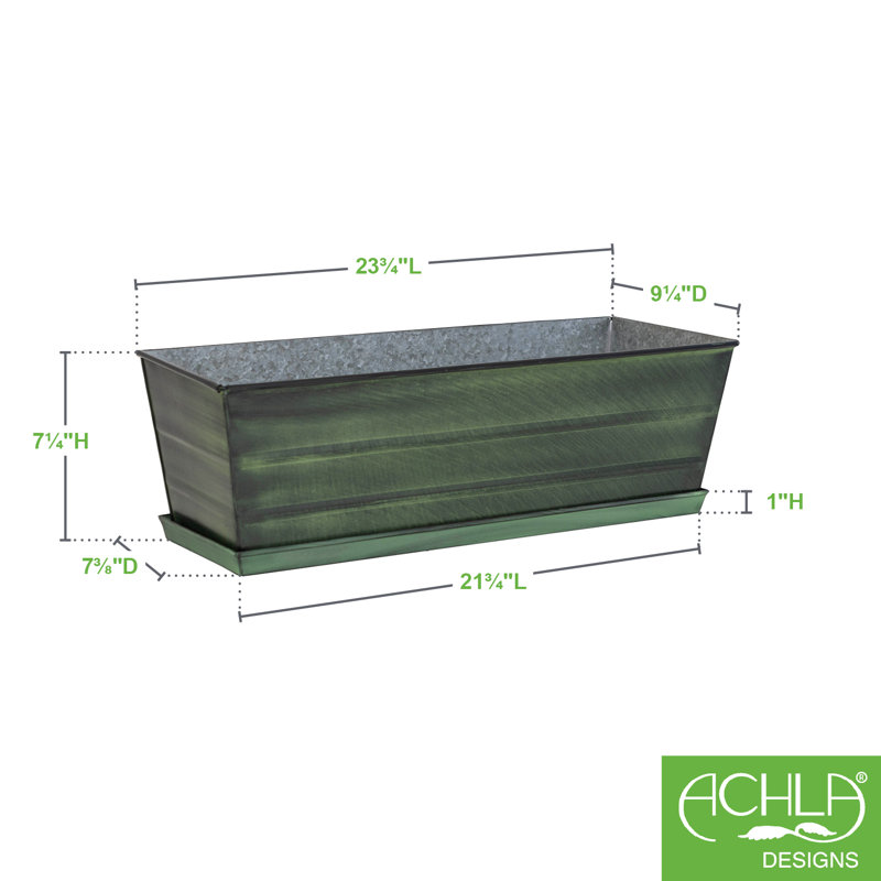 Medium Green Galvanized Steel Rectangular Flower Box Planter with Tray