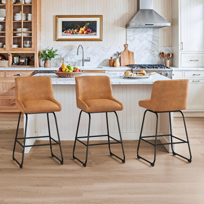 Modern Swivel Counter Height Bar Stools Set Of 3 With Upholstered Faux Leather Seats, Backs, Metal Legs, And Footrest, Brown