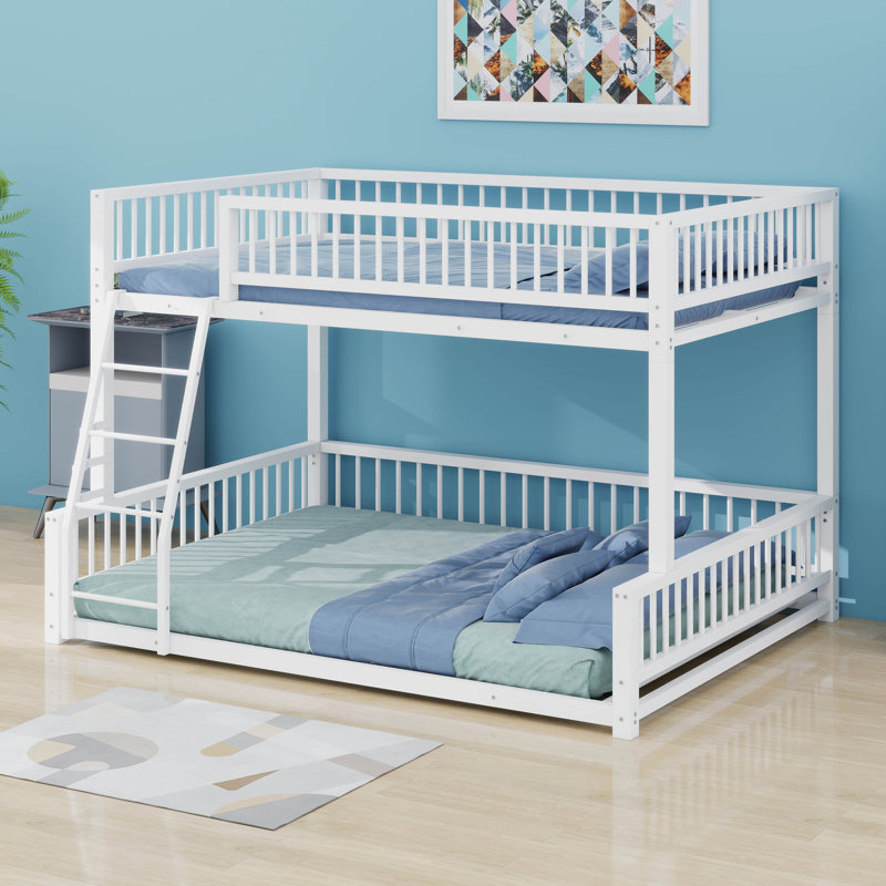Convertible Metal Bed With Guardrails And Ladder, Full XL, White