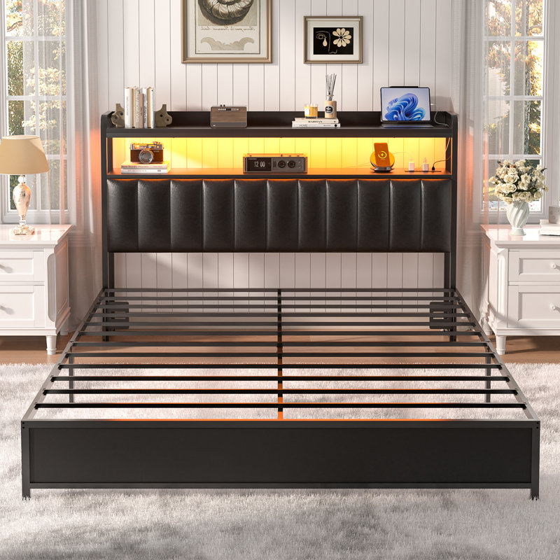 Upholstered Headboard with LED Lights and Charging Station, Full XL