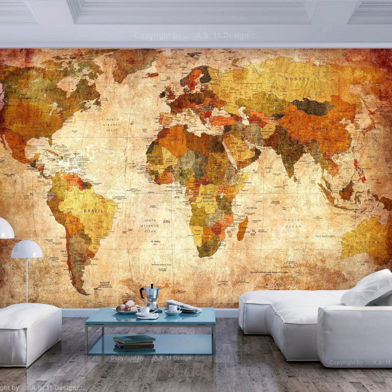 Murale carte du monde pelez et collez - Ancienne carte du monde rétro - décalcomanies murales amovibles, L 27 po x l 38 po