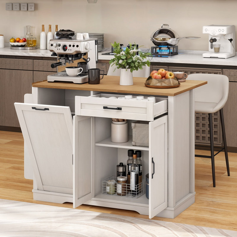 Rolling Kitchen Cart Island with Foldable Tabletop & Trash Can Storage, White