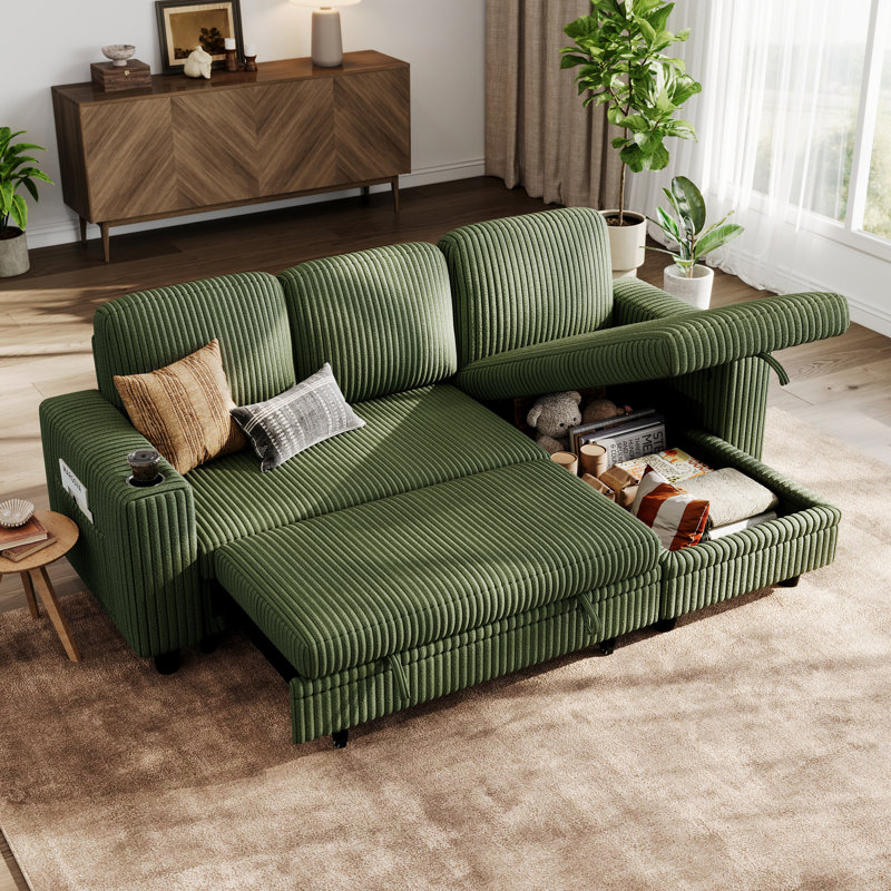 Sherry 81'' Upholstered L Shaped Modular Sectionals with Pull-out Sofa, Storage Chaise, USB Charging & Cup Holders, 3 Pieces