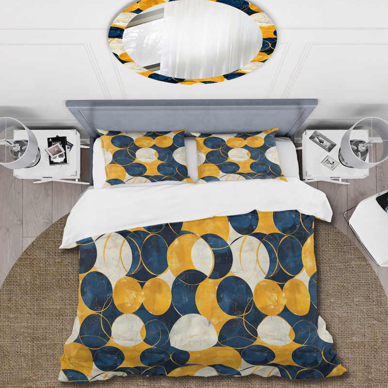 Ensemble de housse de couette rétro bleu jaune Midcentury Circles II - Midcentury