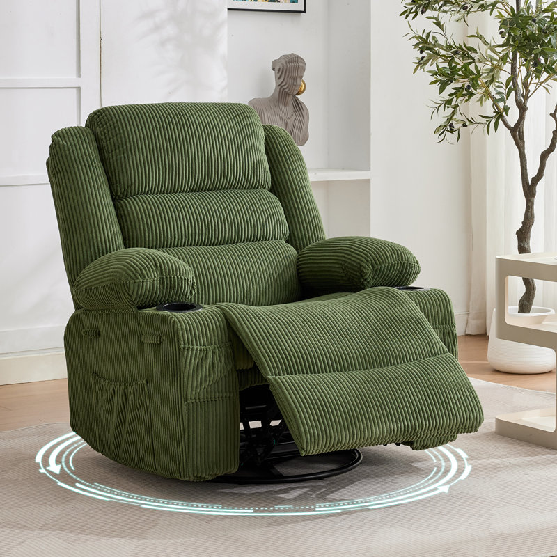 Fauteuil inclinable et pivotant avec pivotement à 360 ° et fauteuil oscillant manuel large avec porte-gobelets et poches latérales