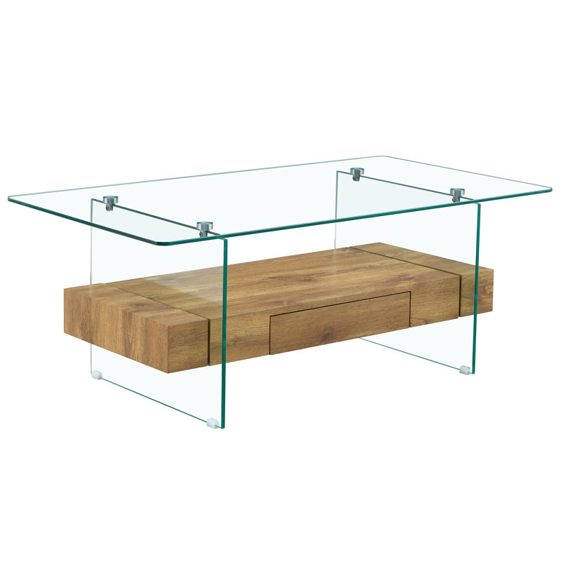 Table basse moderne à deux niveaux de 43,3 pouces - verre trempé transparent et grain de bois naturel, conception de rangement multifonctionnelle. L'étage inférieur comprend un tiroir. Peut être utilisé comme table basse, table d'appoint, etc.