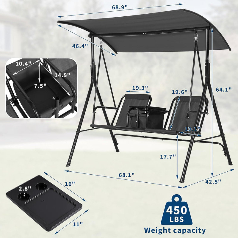 Balancelle pour 2 personnes avec porte-gobelets, table de rangement pivotante et sac isotherme, auvent réglable, structure en acier pour la cour arrière, balcon, bord de piscine