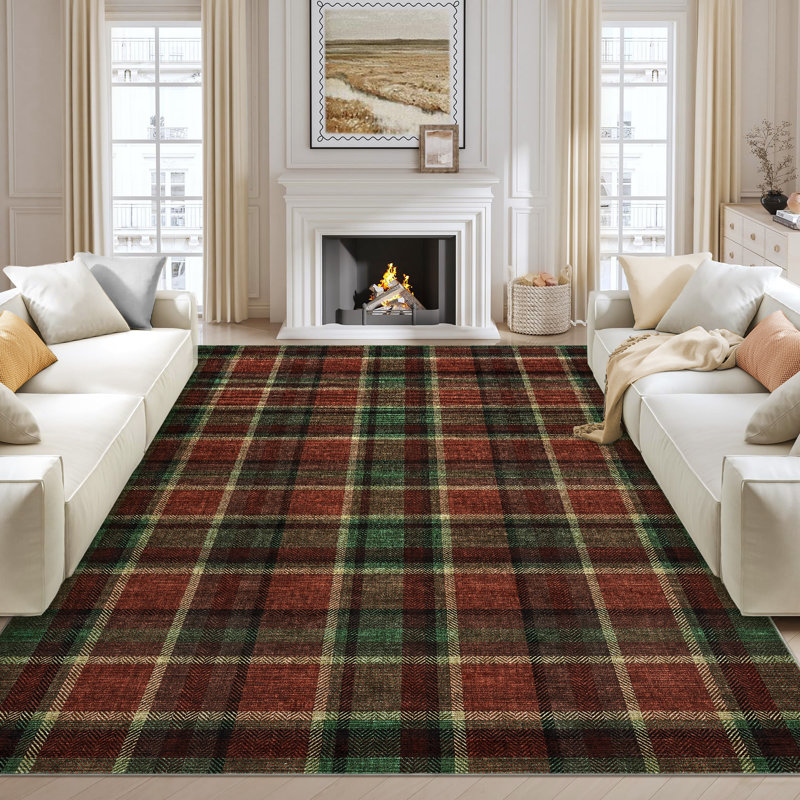 Washable Checkered Area Rug - Modern Plaid Carpet, Non-Slip & mark Resistant, Low Pile for Living Room, Bedroom, Nursery - Grey & Blue Farmhouse Style, Christmas Decor