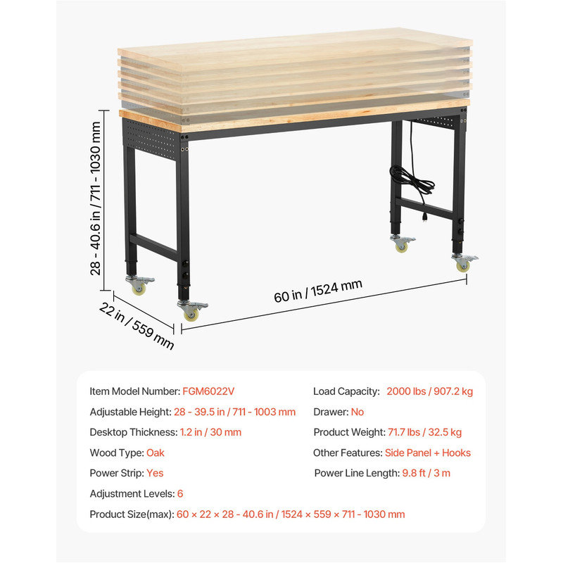 Établi mobile à hauteur réglable de 60 po avec roues verrouillables, prise de courant et panneau perforé, table d'atelier multifonctionnelle robuste