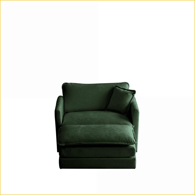 Chaise d'appoint moderne avec repose-pieds, structure en bois massif revêtue de chenille pour le salon | Vert sauge | Chenille