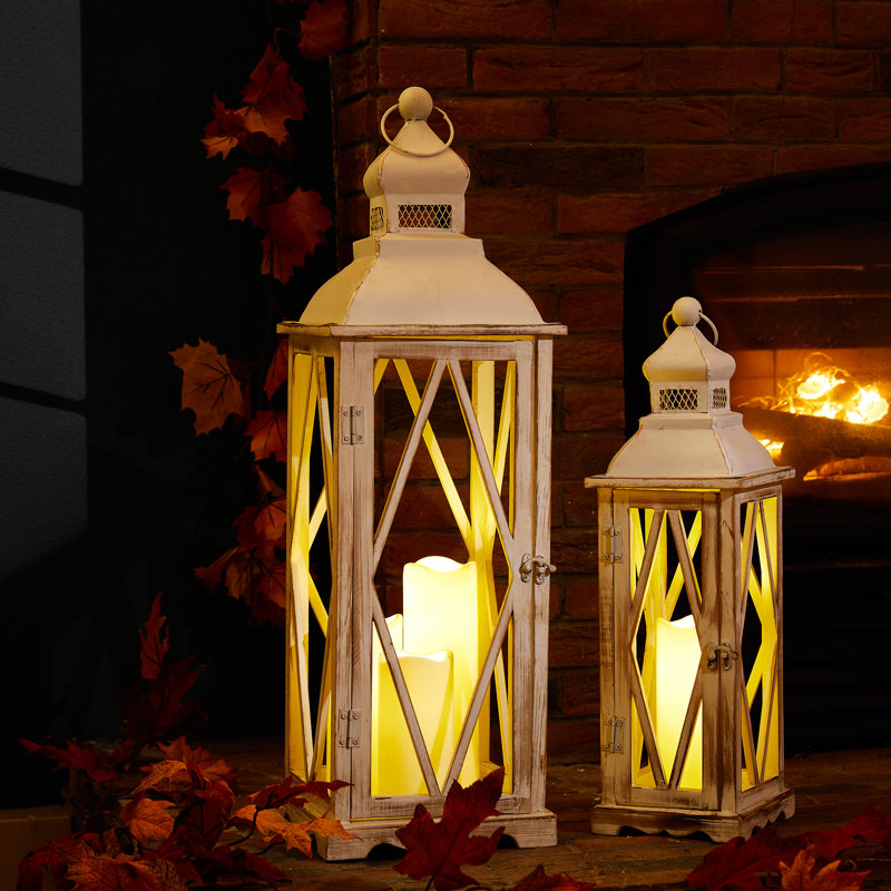 Medders Farmhouse Diamond Antique Tabletop Lantern Set, White