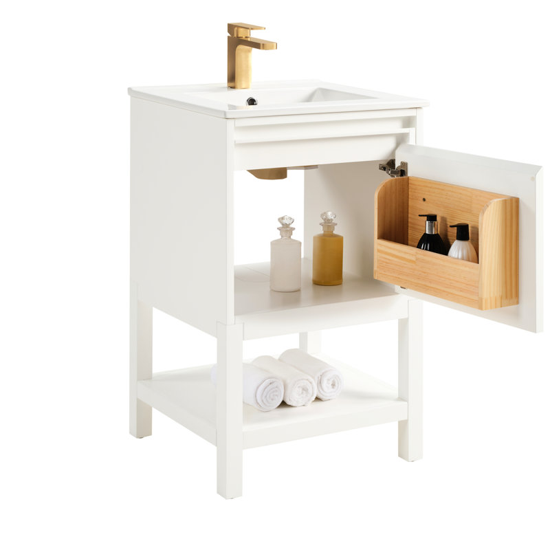 Meuble-lavabo de salle de bain blanc préassemblé en bois massif de 51 cm (20 po), lavabo en céramique intégrée, tablette réglable, pieds amovibles, fixation sur porte, idéal pour les petits espaces, profondeur 52 cm (20,47 po), largeur 48 cm (18,72 po).
