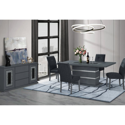 Title Rectangular Dark Gray Dining Table And 4 Chair With Solid Wood+, Pedestal Base, Glitter Detailing High Gloss