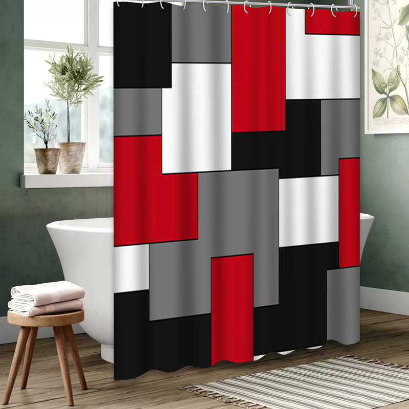 Rideau de douche rouge à motif abstrait géométrique coloré avec 12 crochets, L 72 po x l 72 po