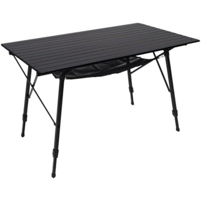 Table de camping pliante en aluminium avec sac de transport pour une utilisation à l'extérieur | Grande taille avec plateau spacieux en aluminium, hauteur réglable et compartiment de rangement en filet, conception pliable idéale pour les pique-niques et les barbecues en plein air, noire