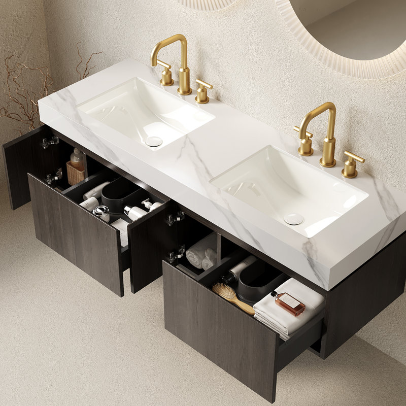 Ensemble de meuble-lavabo flottant à double cuve Adwin, Chêne anthracite, Blanc de Carrare