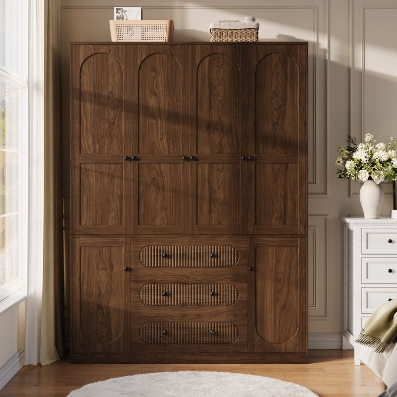 Armoire luxueuse 72 po à 4 portes avec 3 tiroirs et 3 tringles suspendues, Noyer