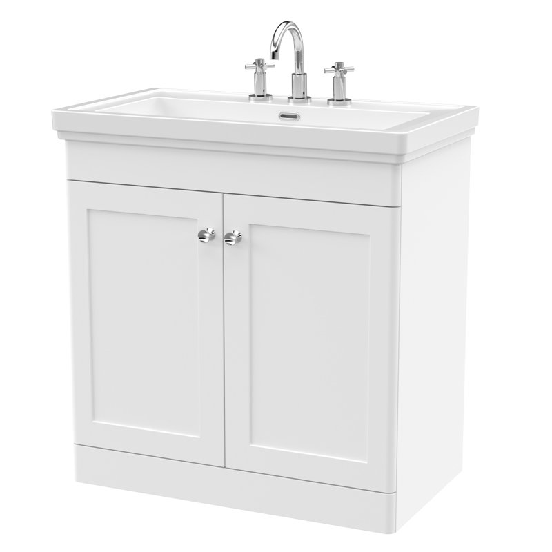 Classique 800mm Free-standing Single Bathroom Vanity with Vitreous China Vanity Top, Satin White