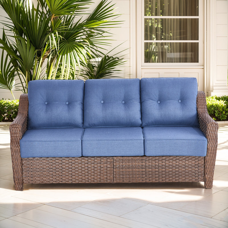 Canapé d'extérieur en osier de 75 po de largeur avec coussins de patio, Bleu