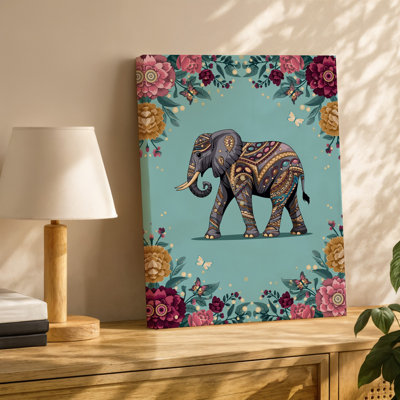 Reproduction d'art sur toile, "Un décor fantaisiste" mettant en vedette un éléphant orné détaillé au centre, entouré d'un motif floral vibrant