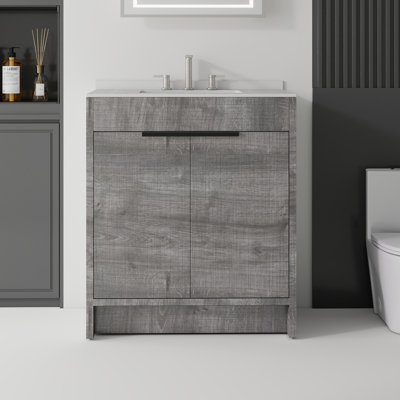 Meuble-lavabo autoportant de 30 po avec lavabo, porte à fermeture en douceur, comptoir en granite blanc de 0,6 po